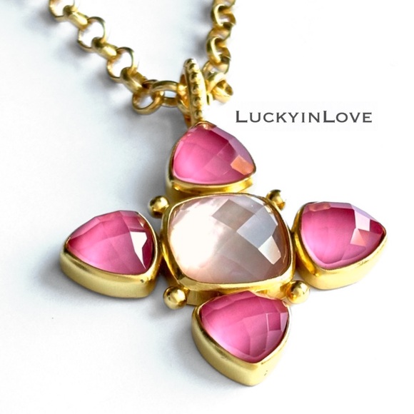 JULIE VOS Aquitaine Cross Pendant Necklace Iridescent Peony Pink & Peach Ice - Picture 4 of 16